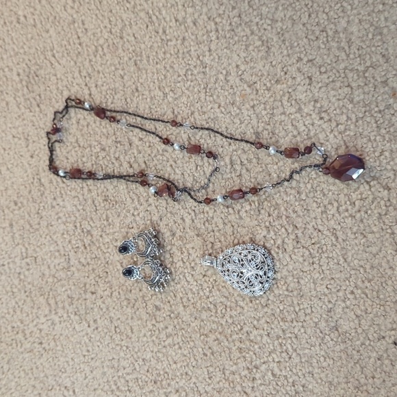 Jewelry Bundle  One Long Brown Necklace One Pair of Earrings & Pendant - Picture 1 of 5